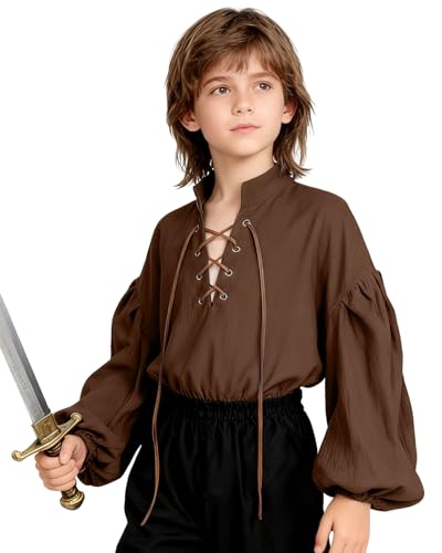 L'VOW Medieval Kids Shirt Renaissance Lace-up Pirate Shirts Viking Colonial Costume Top for Boys and Girls(Brown,12-14yrs)