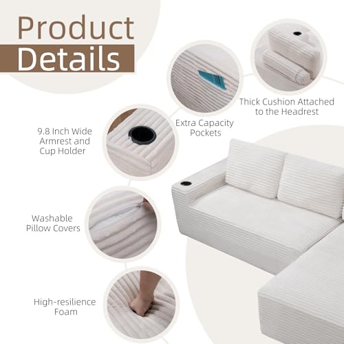 Image of 104 inch L Shaped Boneless Sectional Couches for Living Room, Comfy Corduroy Floor Cloud Sofa with Chaise and Cup Holder, Wide Armrest, Deep Seat, Assembly Free, Ideal for Small Spaces, Beige