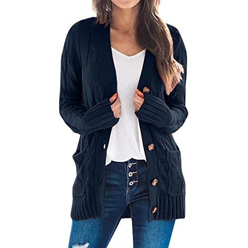 Generisch Jersey de manga abierta para mujer, de punto, estilo bohemio, largo, patchwork, con bolsillos, suéter delantero, marine, XL