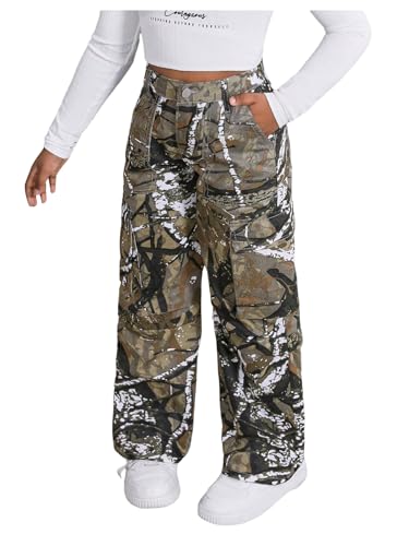 WDIRARA Girl's Camo Print Cargo Jeans High Waisted Wide Leg Denim Pants