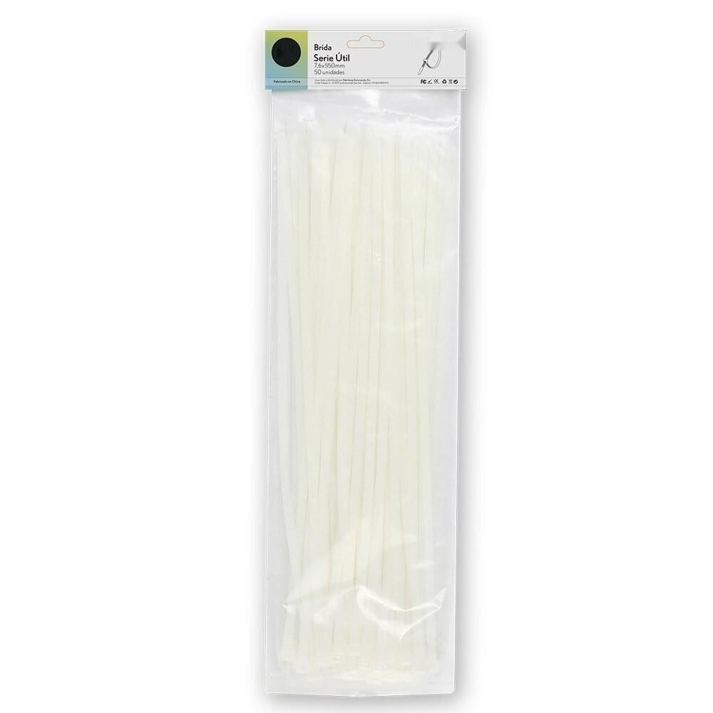 Bag of 50 White Cable Ties 7.6 x 550 mm, 100% Nylon 66, Strong and Durable for Holding and organizing Cables and Objects