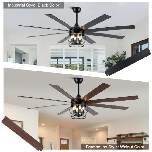 Image of 72 Inch Farmhouse Ceiling Fan with Lights Rustic Ceiling Fan | Remote Control, Rustic Black Caged Fandelier, Industrial Large Chandelier, 3 Downrods for Living Room Indoor Covered Porch