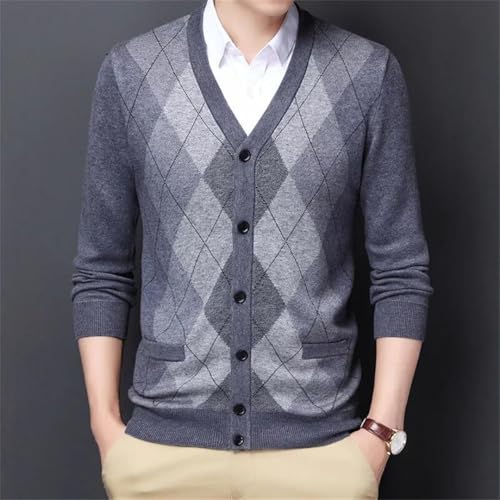 Men's Spring Fall Argyle Patchwork Knit Cardigan V-Neck Smart Slim Fit Knitted Sweatercoat4