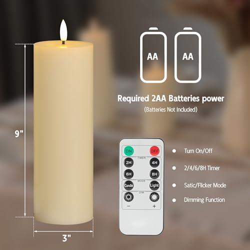 Vela LED de cera real con control remoto de 3x9 pulgadas y llama parpadeante segura 3