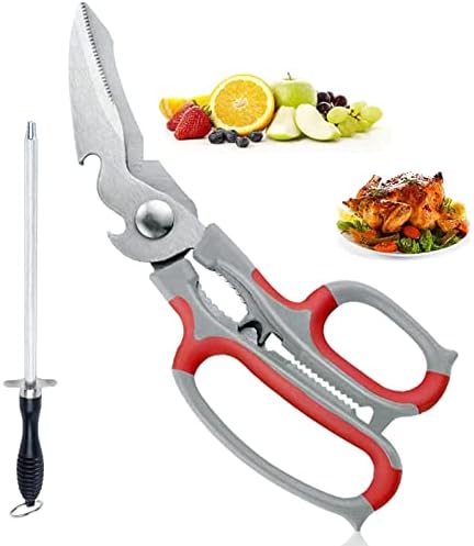 Qsxou Kitchen Shears, All Purpose Scissors with Sharpener Rod, Stainless Steel Heavy Duty Food Cooking Scissors for Cutting Chicken/Poultry/Fish/Meat/Vegetables/Herbs/BBQ