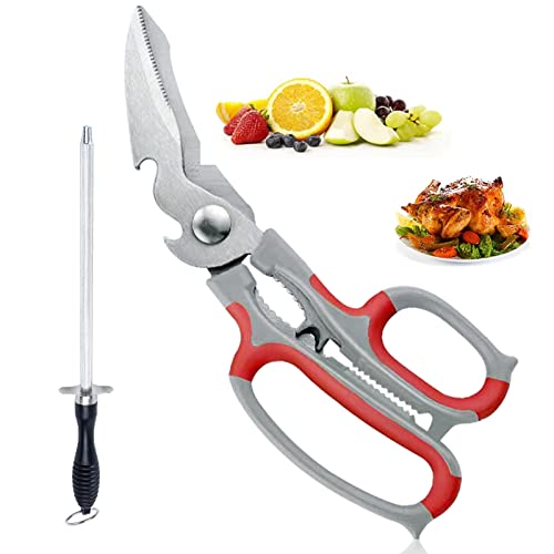 Qsxou Kitchen Shears, All Purpose Scissors With Sharpener Rod, Stainless Steel Heavy Duty Food Cooking Scissors For Cutting Chicken/Poultry/Fish/Meat/Vegetables/Herbs/Bbq #TOP1