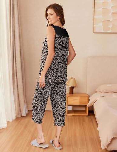 Image of Ekouaer Capri Pajama Sets for Women 2 Piece Soft Cute Pjs Round Neck Sleeveless Lounge Set for Summer Sleepwear S-XXXL