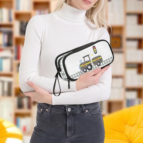 Image of ZAZYXTJ Cute Train Large Capacity Pencil Case 3 Compartment Pen Pouch Storage Canvas Makeup Bag for School Office Teen Girl Boy Men Women