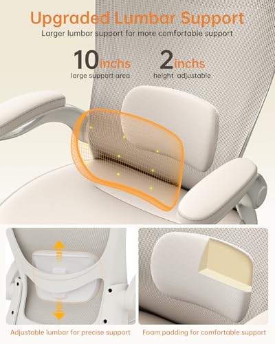 Image of MUXX.STIL Office Chair, PU Leather Ergonomic Desk Chair with Adjustable Lumbar Support and Flip up Armrest, Breathable Mesh Computer Chair for Home Office, Khaki