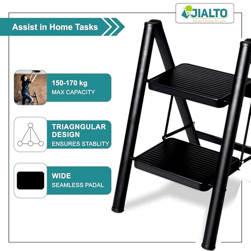 Image of JIALTO 2 Step Metal Ladder for Home, Foldable Lightweight Stepping Stool with Wide Pedals, Anti Slip Heavy Duty 150 Kg Capacity, Portable for Kitchen, Office & Library (Black)
