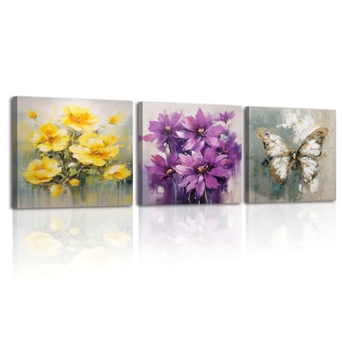 Piy Painting 3 Pièces Vintage Artistic Floral Tableau Déco Murale Jaune et violet Impression...