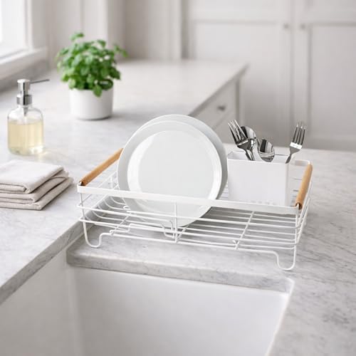 Oggi Large Dish Drying Rack - White & Bamboo Dish Drying Rack, Drying Rack Kitchen, Dish Rack, Dish Racks for Kitchen Counter, Durable Coated Metal Kitchen Drying Rack with Cutlery Holder by Oggi - Image 5