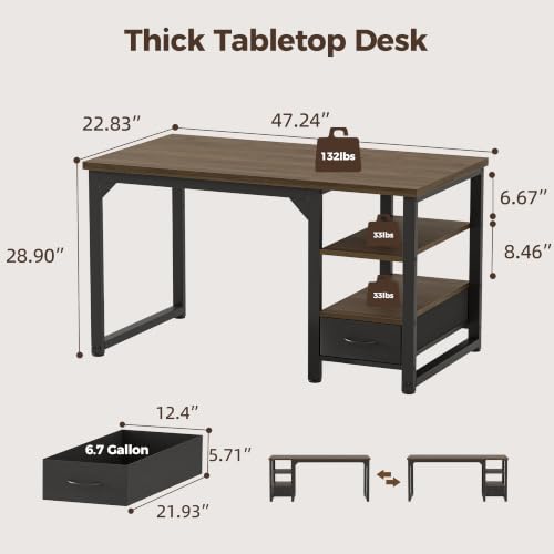 Image of Mericonia 48 in Computer Desk with Drawer, 1 inch Thick Reversible Office Desk | Modern Writing Table with Storage Shelves, Heavy Duty Industrial Study Desk for Home Bedroom Work