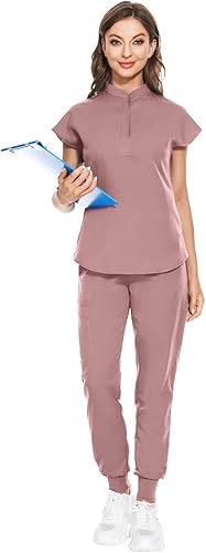Scrubs for Women Set, Medical Jogger Suit Stretch Top & Pants, with Multi Pocket, for Nurse Esthetician Workwear