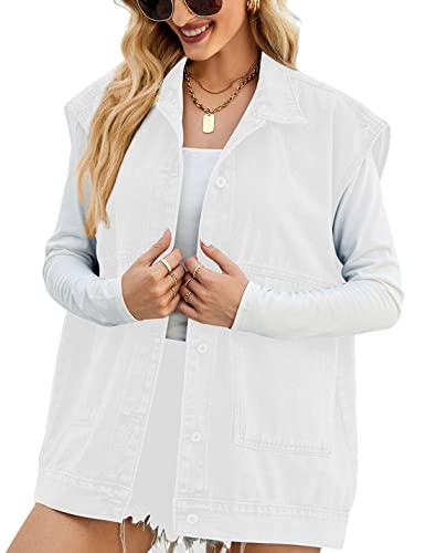 Image of PAODIKUAI Women's Oversized Denim Vest - Sleeveless Distressed Jean Vest with Pockets for Casual Layering