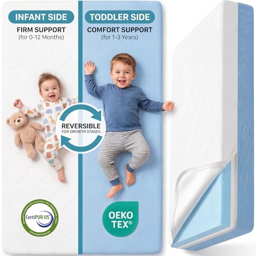 Image of DeerFable Dual Sided Baby Crib Mattress, 5 Inch Thick Soft & Firm Memory Foam Breathable Toddler Mattress, 4 in1 Standard Baby Bed Mattresses with Removable Washable Cover 52x27.6x5 - Blue