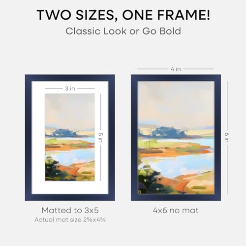 Image of Homeforia 4x6 Blue Picture Frame, High-End Metal, 3x5 Mat, Glass | High End Aluminum, Tempered Glass, Acid-Free 3x5 Removable Mat, 4x6 in Edge-to-Edge Display 6x4, Wall Kit, Set Of 1