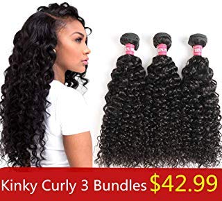 SIDO Hair Kinky Curly 3 Bundles Of Brazilian Human Hair Virgin Hair 3 Bundles Kinky Human Hair Curly Weave Natural Black（12+14+16）