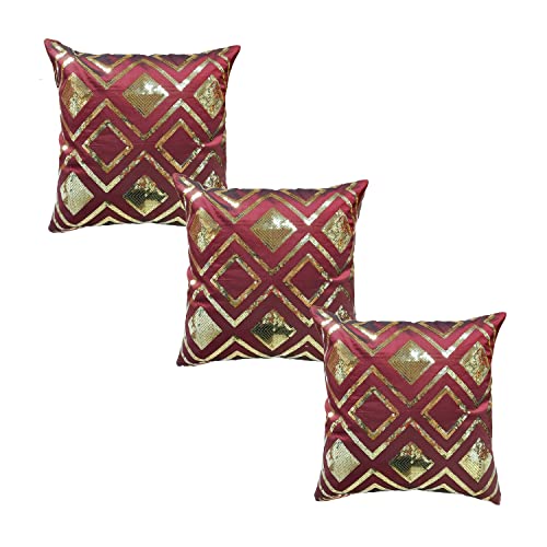 Image of Checks Burgundy Gold Sequin Cushion Covers Size - 40x40 (Pack of 5)