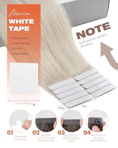 Sunny Hair Tape in Hair Extensions Real Human Hair Invisible Remy Hair Extensions Tape ins for Women White Platinum Blonde 24 inch 20Pcs 50G