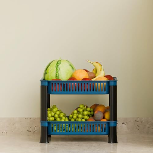 Image of Multipurpose Plastic Storage Rack for Kitchen | Foldable Vegetable & Fruit Organizer Stand for Onion, Potato, Sabji | Countertop Multi-Layer Basket Rack for Home, (Blue, 2 layer)