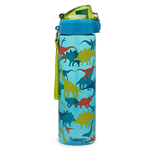 Kidnasium Water Bottles - 24 oz Kids Water Bottle with Push-Button Flip Cap for Home, School, Sports, Play & On-The-Go Use - BPA-Free and Dishwasher Safe - Includes Easy-Carry Strap, Dino Zone