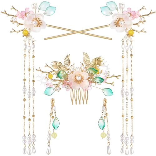 HINZIC 5PCS Pinzas para el Cabello con Cristales, Perlas y Diseño Floral Retro Estilo Hanfu Chino para Mujeres y Niñas miniatura 1