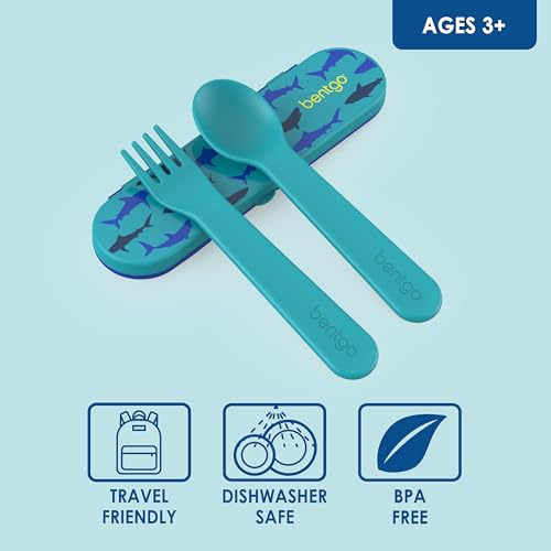 Bentgo Kids Utensil Set - Reusable Plastic Fork, Spoon & Storage Case - BPA-Free Materials, Easy-Grip Handles, Dishwasher Safe - Ideal for School Lunch, Travel, & Outdoors (Shark)