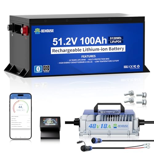 DC HOUSE Metal Case 48V 100Ah Pro Lithium Golf Cart Battery, 200A BMS Lifepo4 Battery with 48V 18A...