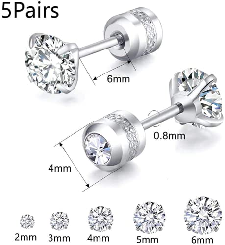 5 Pairs Titanium Screw Back Stud Earrings Set for Sensitive Ears, Hypoallergenic Surgical Stainless Steel Double Sided Round Cubic Zirconia Earrings for Women Men2