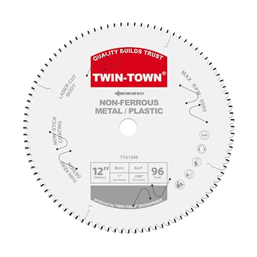 TWIN-TOWN 12-Inch 96 Tooth TCG Aluminum Cutting Saw Blade for Miter/Table Saws - Precision Circular Saw Blades for Aluminum, Plastics, Non-Ferrous Metals with 1