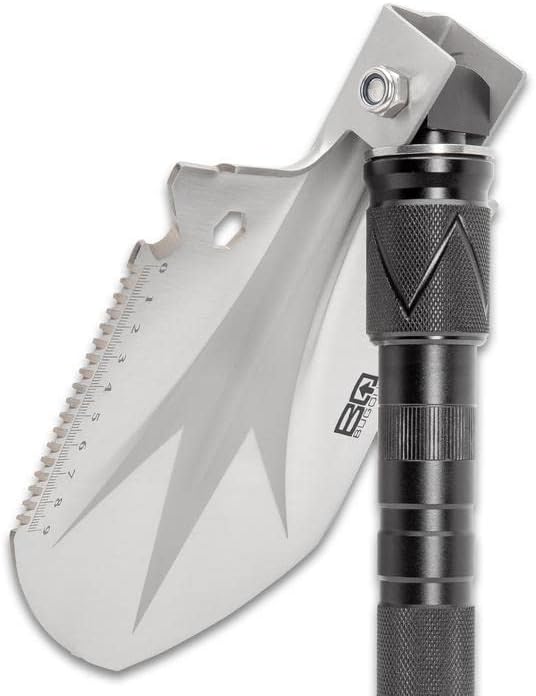 BUGOUT Multi-Function Folding Entrenchment Tool and Pouch - Shovel, Saw, Screw Drivers, Cord Cutter, Bottle Opener, Compass, Fire Striker