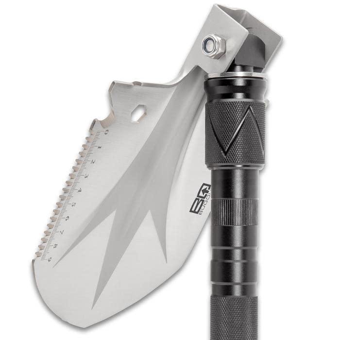 BUGOUT Multi-Function Folding Entrenchment Tool and Pouch - Shovel, Saw, Screw Drivers, Cord Cutter, Bottle Opener, Compass, Fire Striker