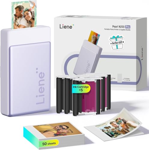 Liene Pearl N200 Pro Portable AI Photo Printer Instant Mini Picture Printer for iPhone Smartphone Thermal Dye Sublimation Bluetooth Sticker Maker 50 Sheets 2x3 Adhesive Paper & 5 Cartridges Purple