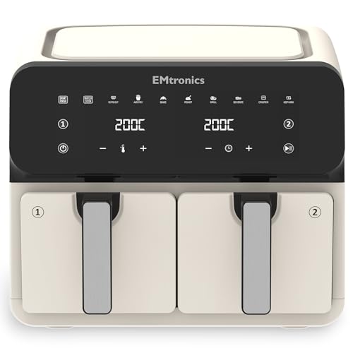 EMtronics 8L Dual Zone Air Fryer 2500W Family Size 8 Preset Cooking Mode Match Cook & Smart Finish Functions 8 Litre - Cream