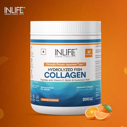 Image of INLIFE Japanese Marine Collagen Supplements for Women & Men |Clinically Proven Ingredient with Biotin, Hyaluronic Acid, Vitamin C & Glucosamine (200g, Orange)