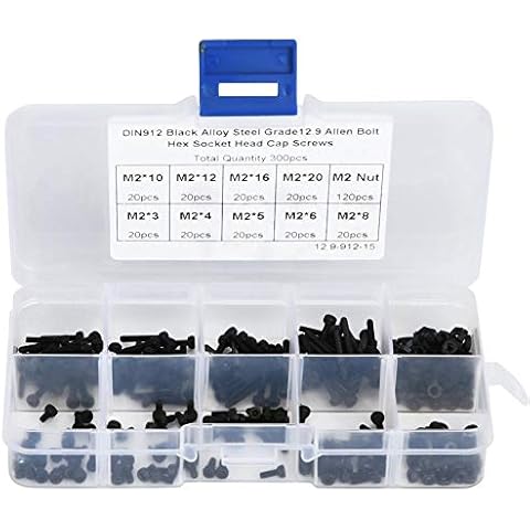 M2 Bolt and Nut Kit, 300pcs Alloy Steel M2 x 3/4/5/6/8/10/12/16/20mm Hex Socket Screw and Nut Kit with Storage Box Cover