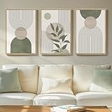 Framed Sage Green Boho Wall Art for Living Room, 3 Piece Minimalist Beige and Green Bohemian Artwork for Walls, Large Geometric Leaf Line Boho Paintings Prints for Bedroom Hallway Wall Decor, 16x24 In