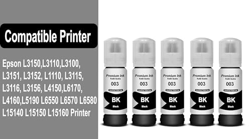 Image of CANOFF 003 Ink for Epson L3110, L3150, L3250, L3252 L3115, L3116, L3101, L3210, L3215, L3216, L3151, L3152, L3156, L5190 Printer - Compatible Ink Bottle for Epson 003 (Black 5)