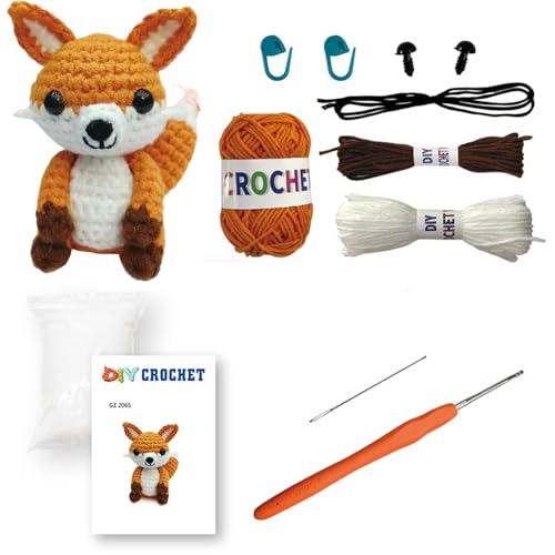 CutitiUU Kit de ganchillo de animales,Juego para principiantes de Ganchillo DIY Kit,Crochet Kit,Peluches Bebé Animales,Juego de ganchillo para principiantes,cumpleaños de Navidad (Zorro)