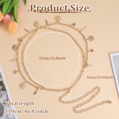 Gold Waist Chain Plus Size, Sun Moon Star Waist Chain, Decorative Metal Belt for Women Jeans Pants Dresses - Fits Size 23-45 inch2