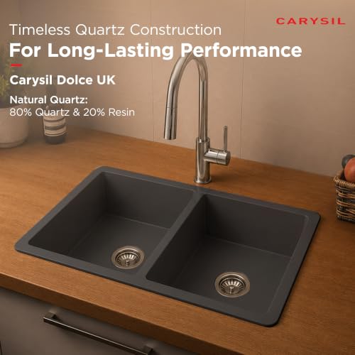 Image of Carysil DOLCE UK Quartz Kitchen Sink 34 x 20 x 8 inches, Single Bowl, 80% Quartz & 20% Resin, Heat Resistant 300C, 50kg Load, Scratch & Stain Resistant, Granite Sink, 304 SS Coupling - Whisper Grey