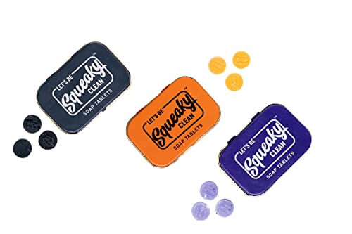 SqueakyClean Handmade 30 Soap Tablets in Each Tin | Single Wash Hygiene Bar | Convenient | Office, Travel & Pocket Friendly | Set Of 3 (Charcoal, Orange And Lavender Fragrance)