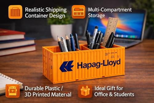 Image of Container Style Desk Organizer Pen Holder - Shipping Cargo Container Design, Multi-Compartment Storage Box for Pens, Pencils & Stationery, Desk Organizer for Office, Study Table & Students