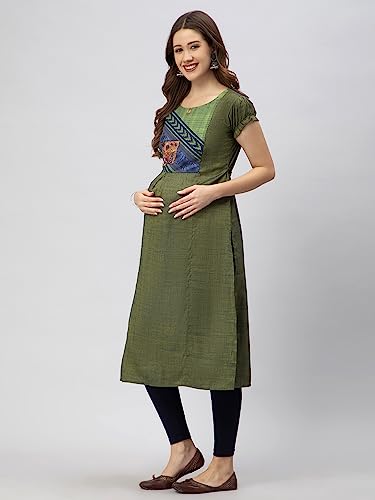 Image of CEE 18 Cotton Rayon A-Line Flared Maternity Feeding Kurti for Women with Zippers | Maxi Gown Dress for Women | Breastfeeding Dress for Mothers | Feeding Kurti for Women | Maternity Wear for Women