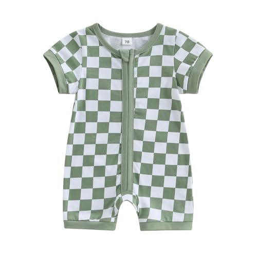 Image of KtwHarnu Newborn Baby Boy Girl Clothes Checkered Plaid Short Sleeve Zipper Romper Jumpsuit One Piece Bodysuit Summer Outfit