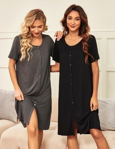 Ekouaer 2 Pack Nightgowns for Women Button Down Night Shirts Short Sleeve Sleep Shirts V Neck Sleepwear Pajama Dress3