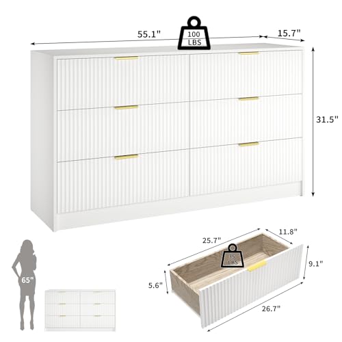 Image of White 6 Drawer Dresser Bedroom,55 inch Wide Large White Fluted Dresser with Gold Handles, Modern Chest of Drawer for Closet, Bedroom, Living Room