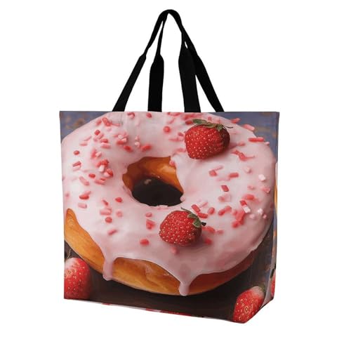 Women's Multi-Functional Shopping Bag，Strawberry Donut Printing Messenger Bag Shoulder Bag for Travel, Work, Shopping & Parties with Inner Pocket, Grocery Bag Lightweight & Water-Resistant