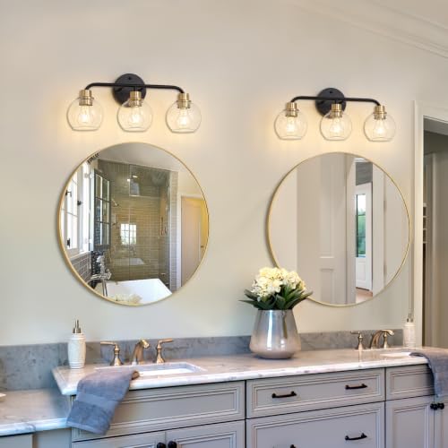 Image of 3 Light Bathroom Vanity Light, Black and Gold Bathroom Light Fixtures